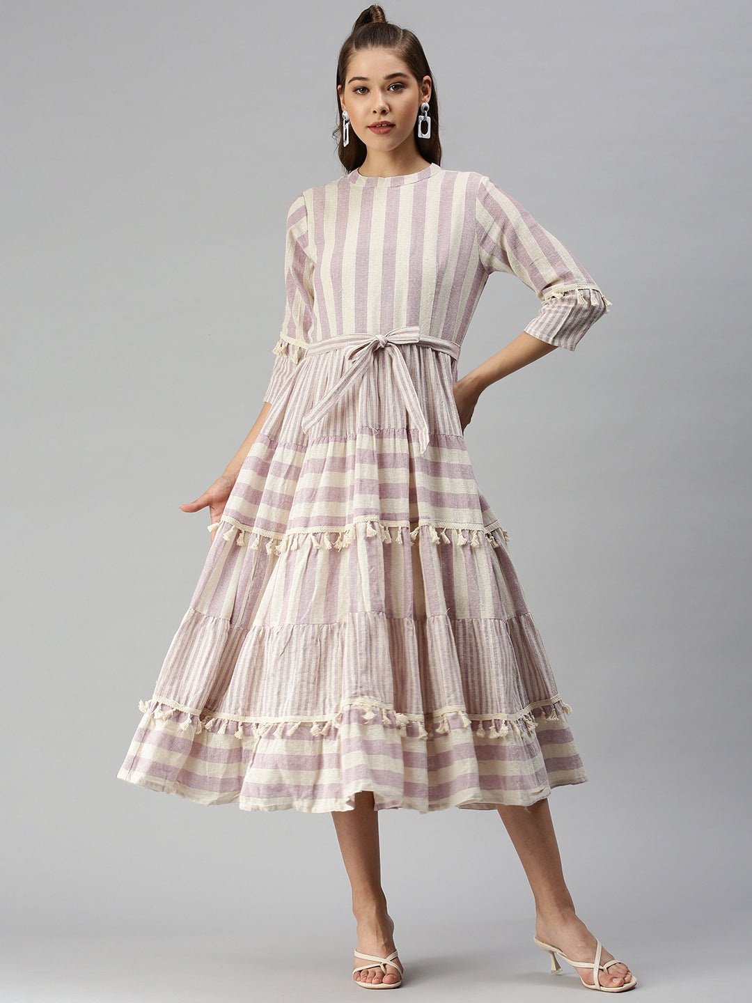 Women's Off White Striped Organic Cotton A-Line Dress