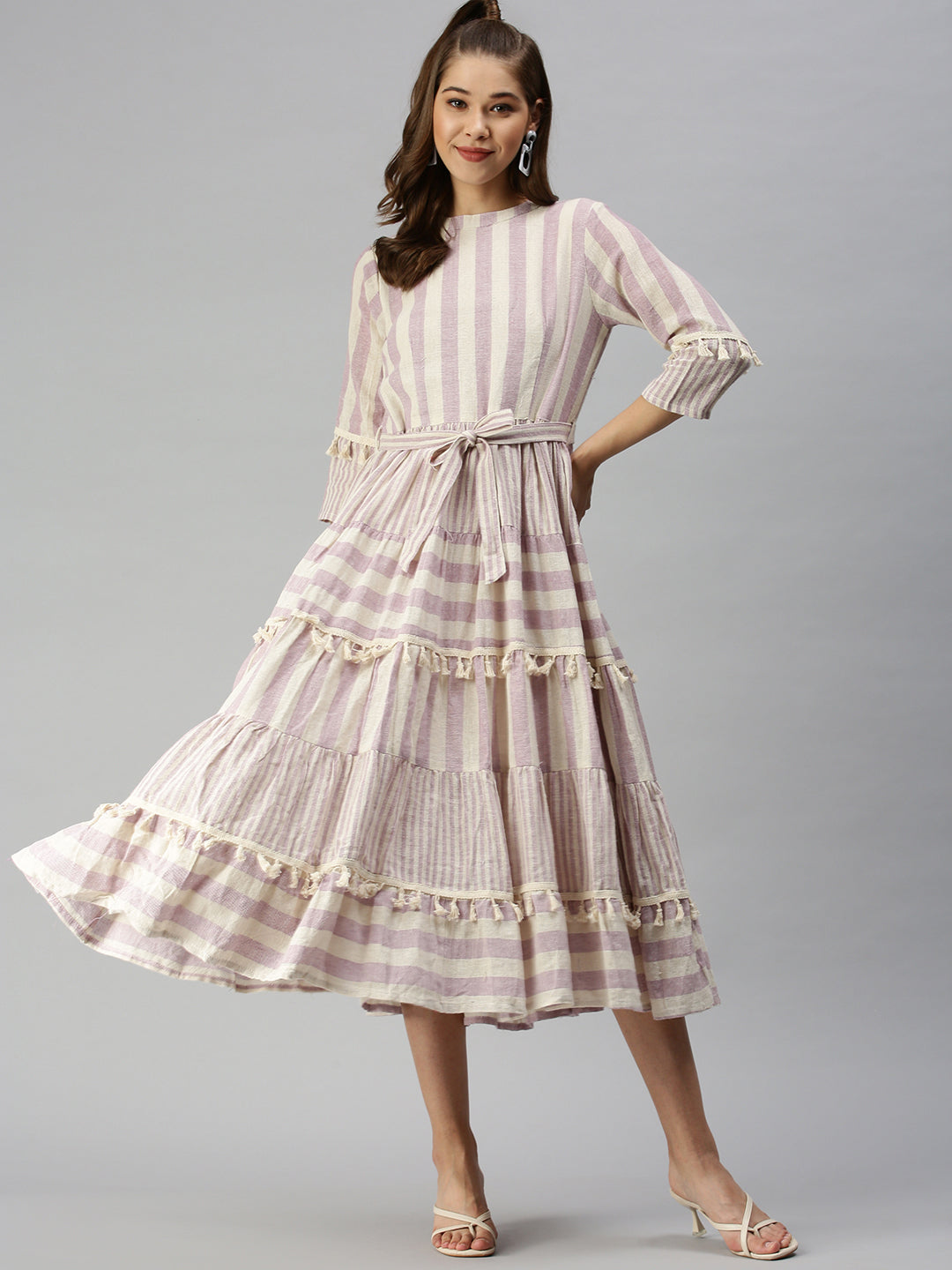 Women's Off White Striped Organic Cotton A-Line Dress