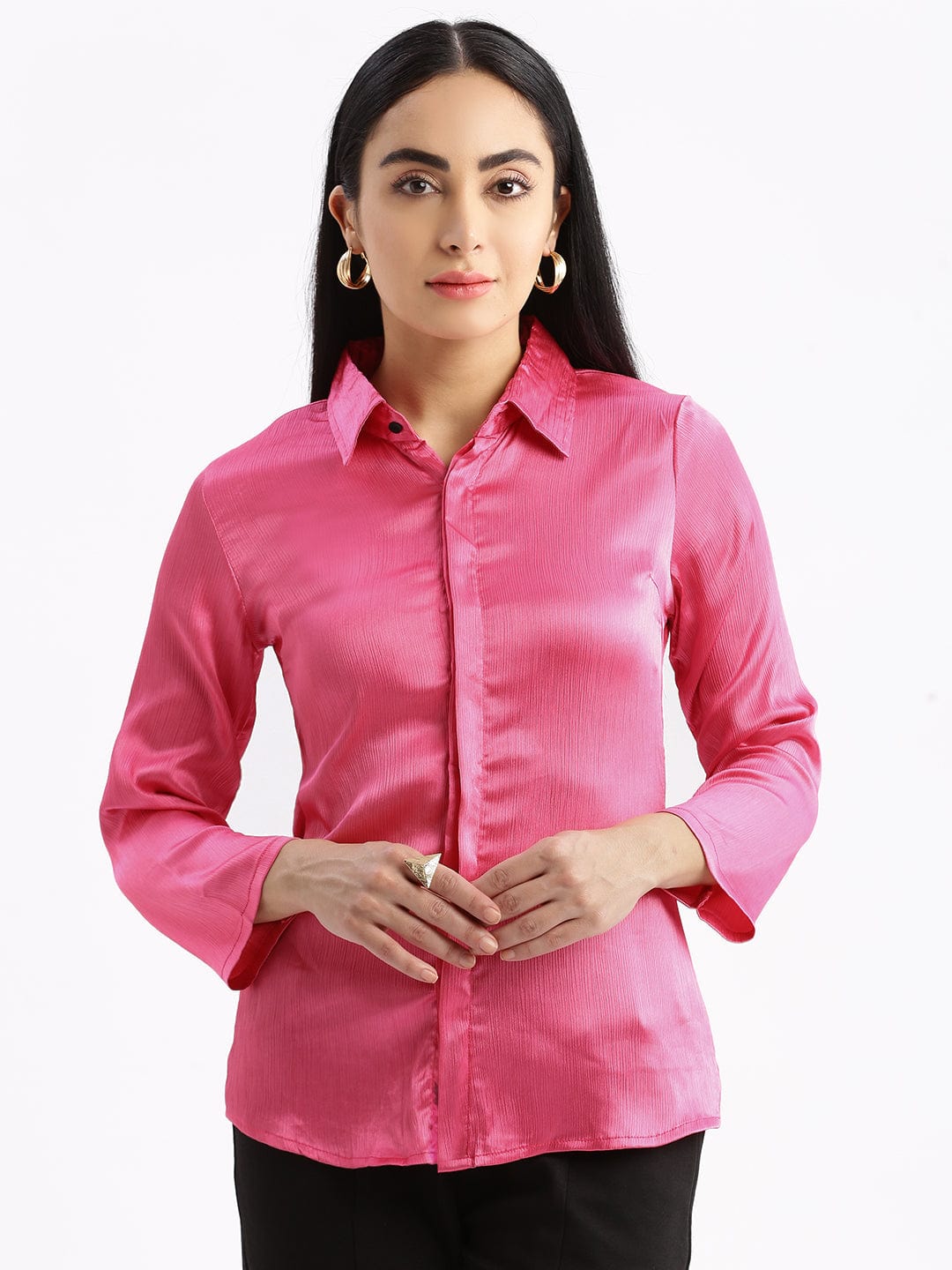 Women's Pink Standard Slim Fit Opaque Casual Shirt