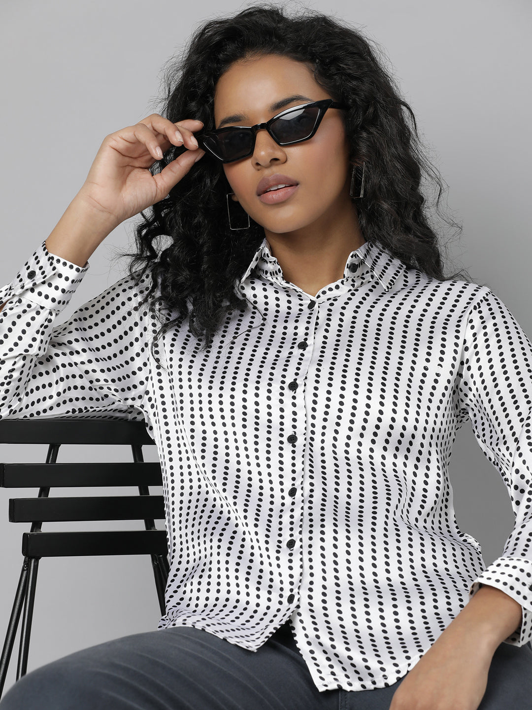 Women's White Slim Fit Polka Dots Printed Satin Casual Shirt