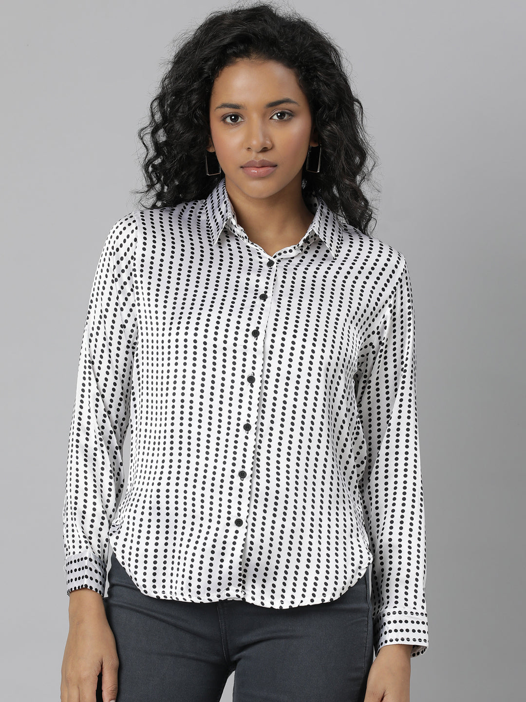 Women's White Slim Fit Polka Dots Printed Satin Casual Shirt