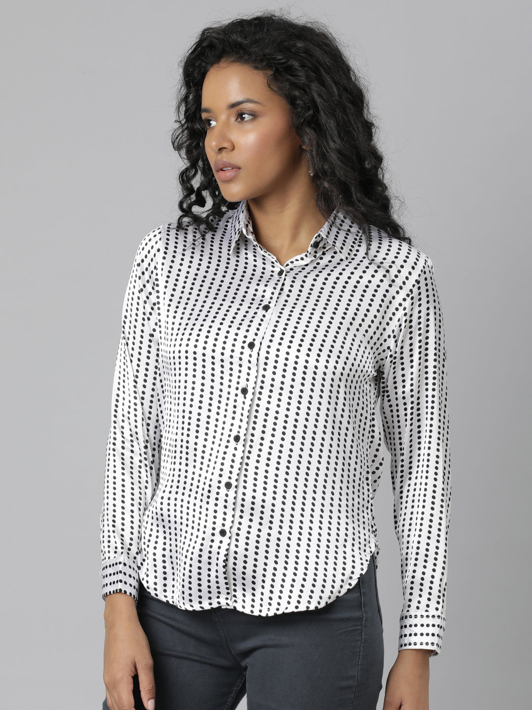Women's White Slim Fit Polka Dots Printed Satin Casual Shirt