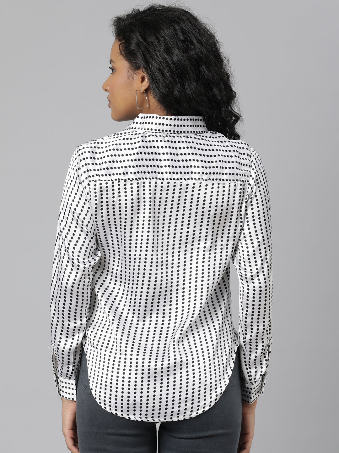 Women's White Slim Fit Polka Dots Printed Satin Casual Shirt