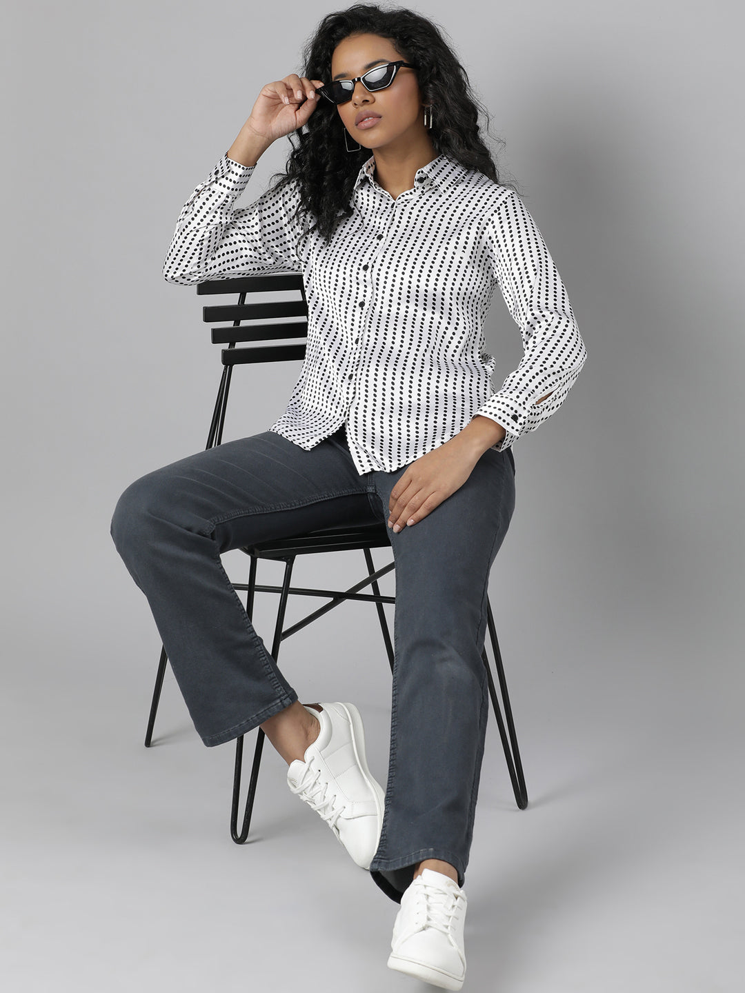 Women's White Slim Fit Polka Dots Printed Satin Casual Shirt
