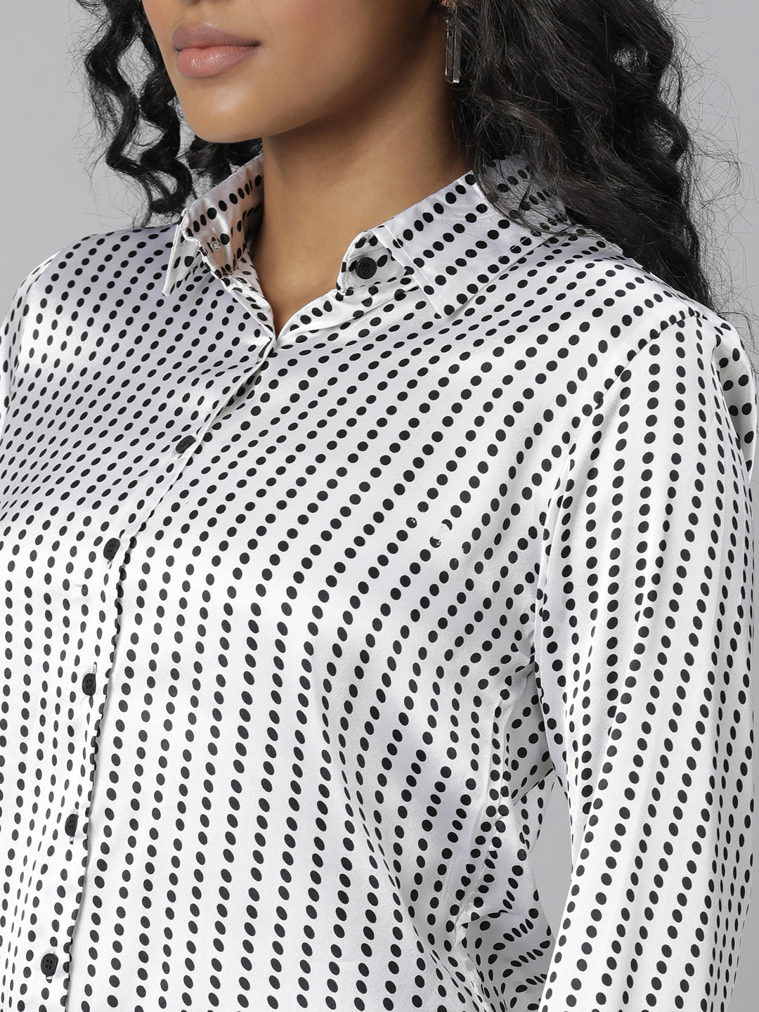 Women's White Slim Fit Polka Dots Printed Satin Casual Shirt