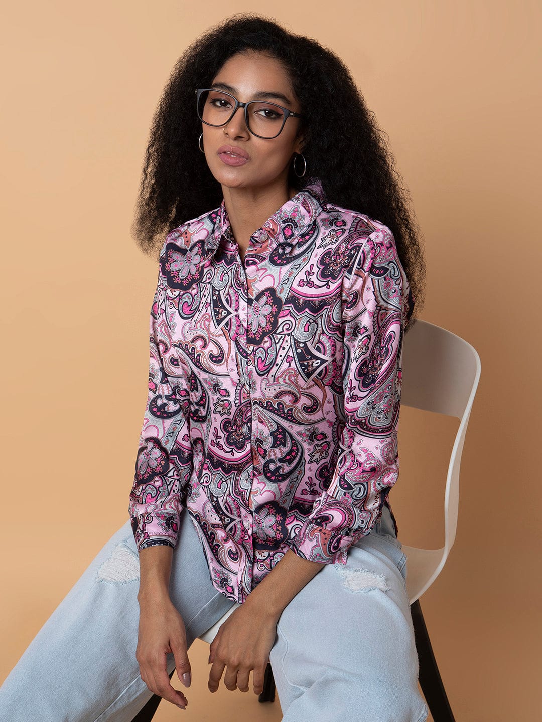 Women's Pink Standard Slim Fit Opaque Printed Casual Shirt