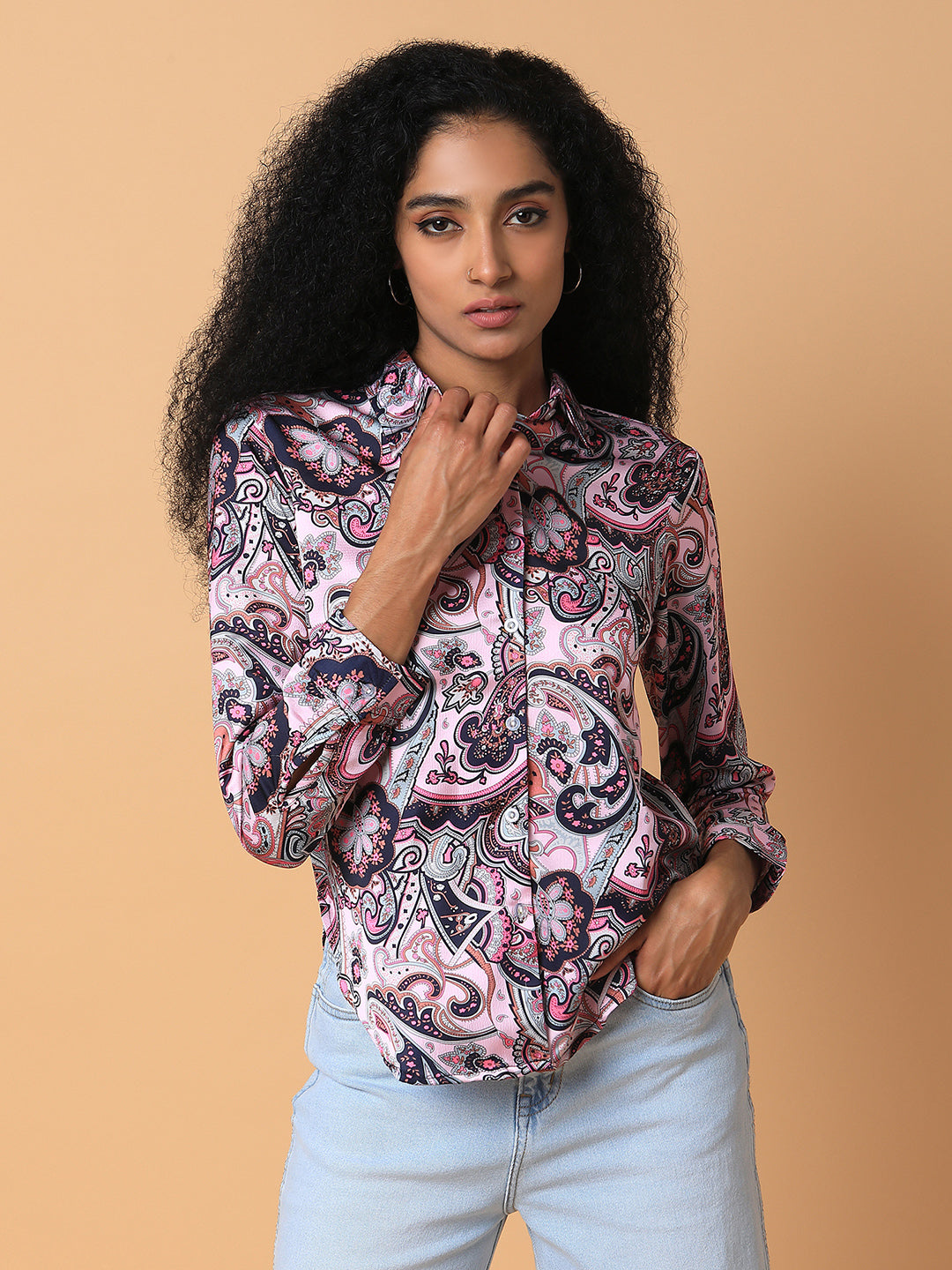 Women's Pink Standard Slim Fit Opaque Printed Casual Shirt