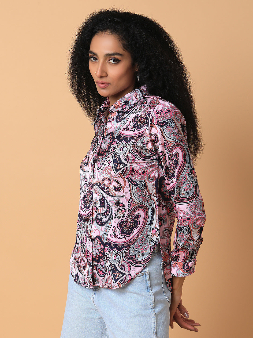 Women's Pink Standard Slim Fit Opaque Printed Casual Shirt