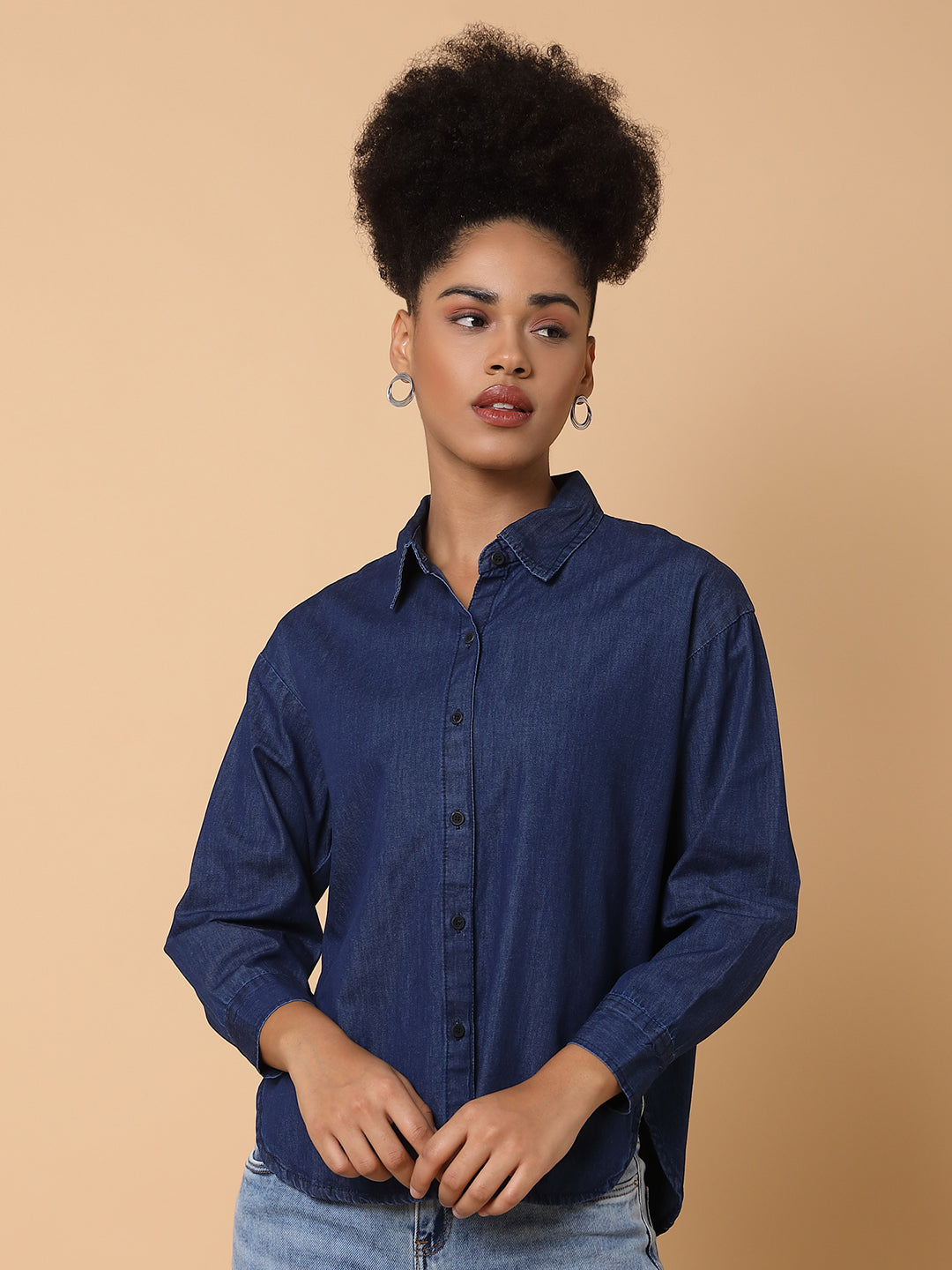 Women's Navy Blue Comfort Spread Collar Solid Cotton Slim Fit Casual Shirt
