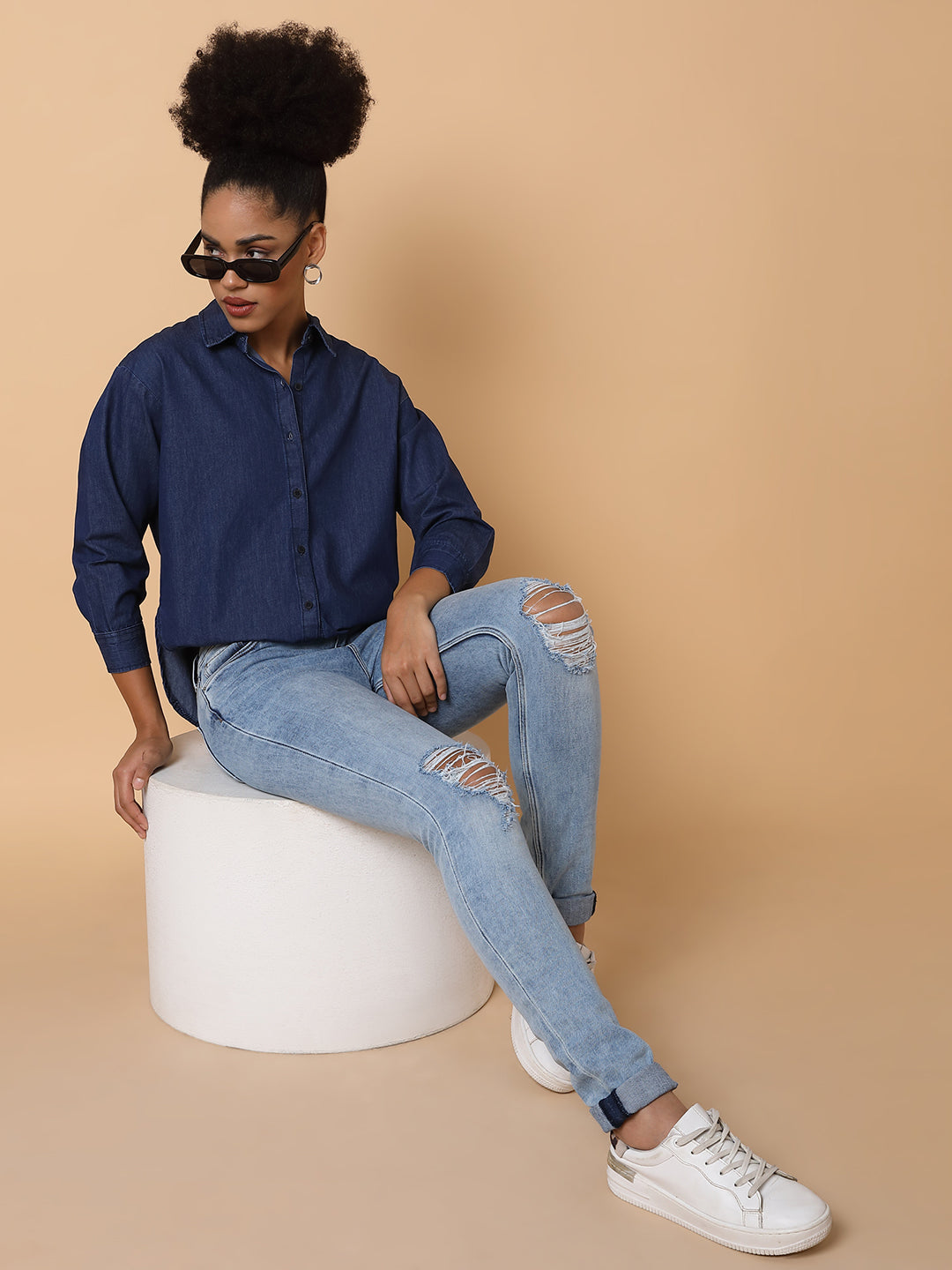 Women's Navy Blue Comfort Spread Collar Solid Cotton Slim Fit Casual Shirt