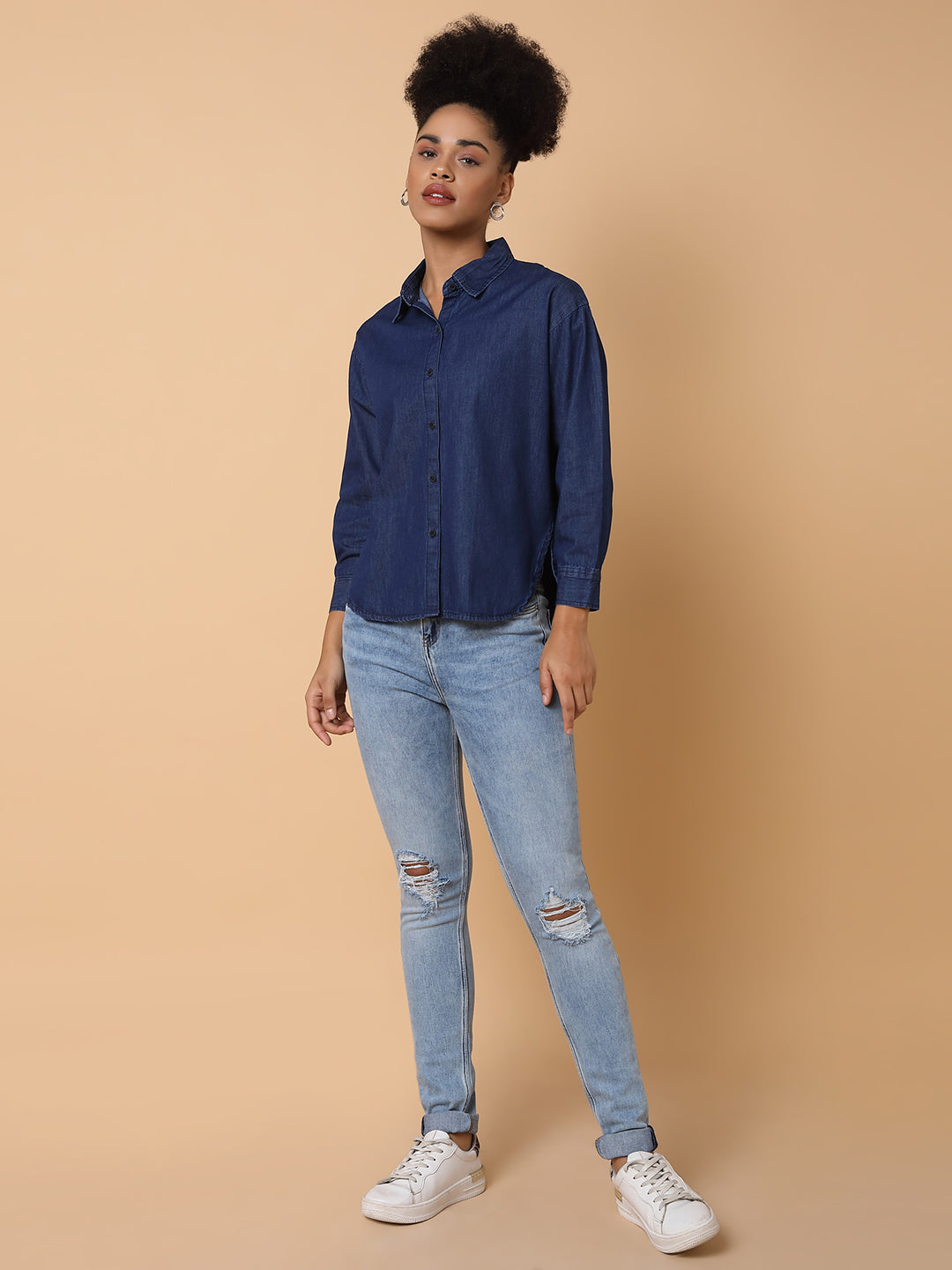 Women's Navy Blue Comfort Spread Collar Solid Cotton Slim Fit Casual Shirt