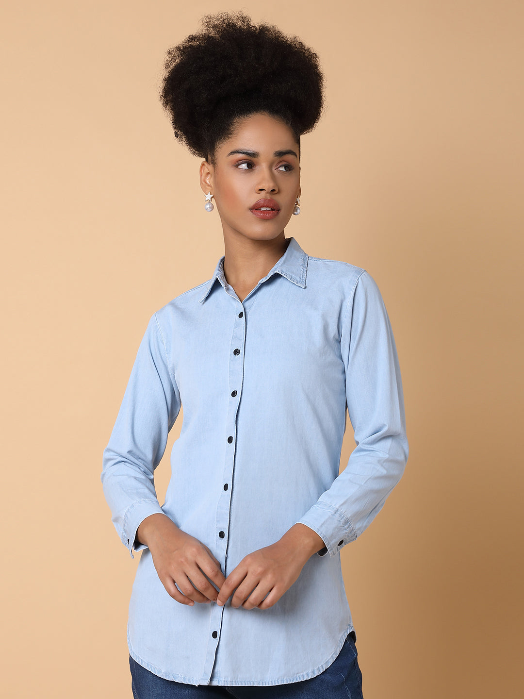 Women's Blue Comfort Spread Collar Solid Cotton Slim Fit Casual Shirt