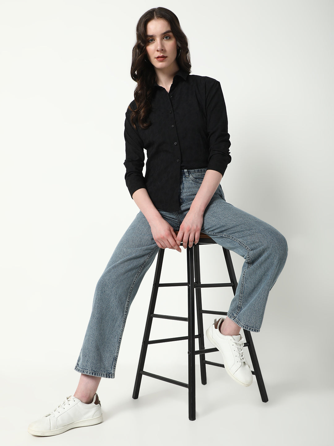 Women's Black Comfort Spread Collar Textured Relaxed Fit Casual Shirt