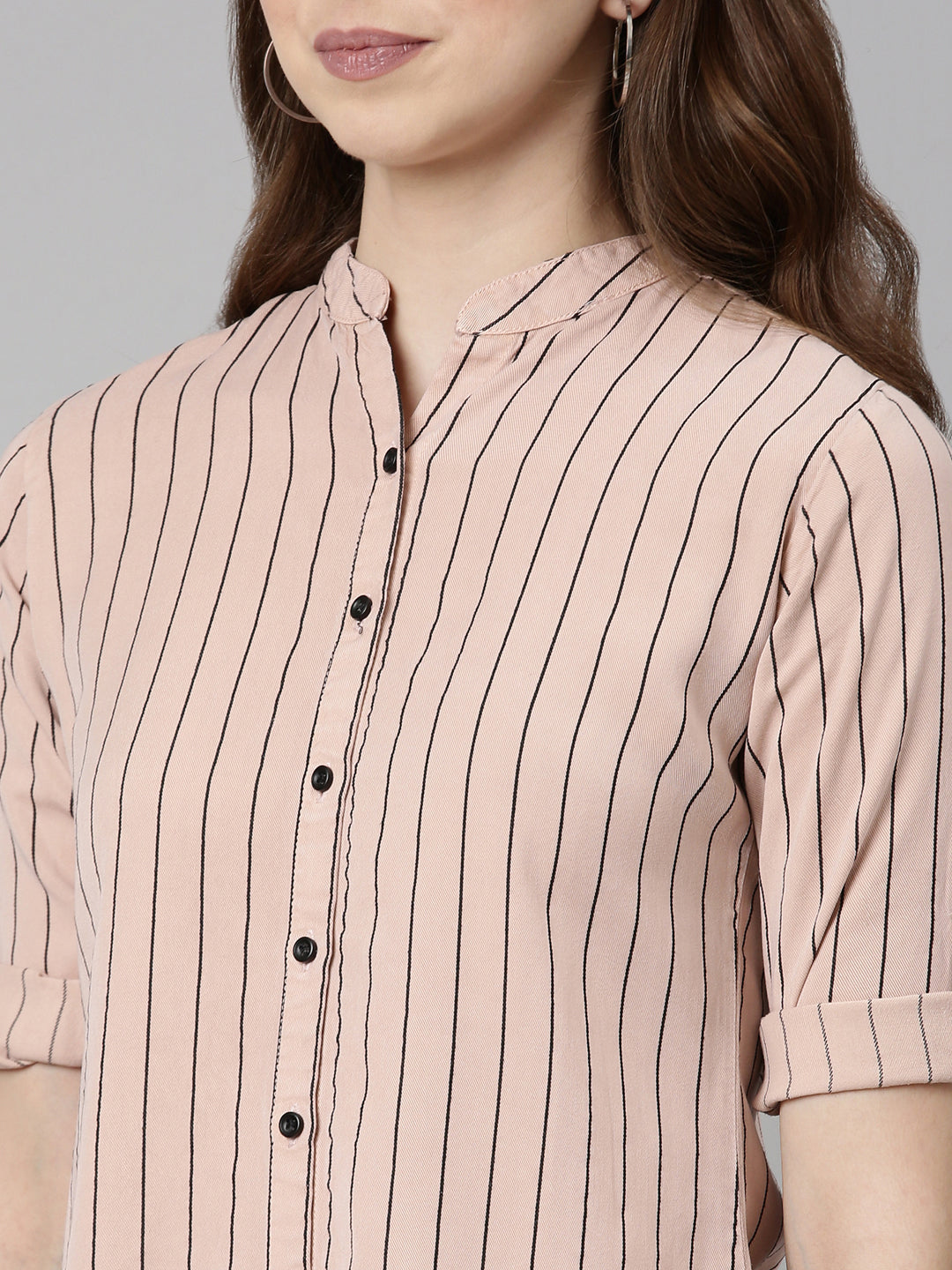 Women's Pink Comfort Slim Fit Striped Cotton Longline Casual Shirt