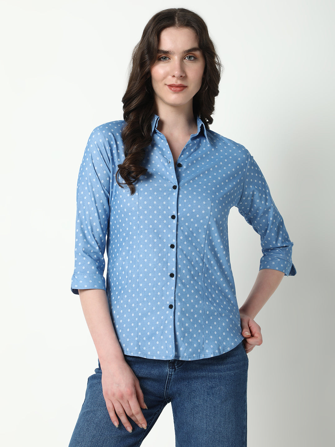 Women's Blue Comfort Spread Collar Polka Dots Printed Cotton Casual Shirt