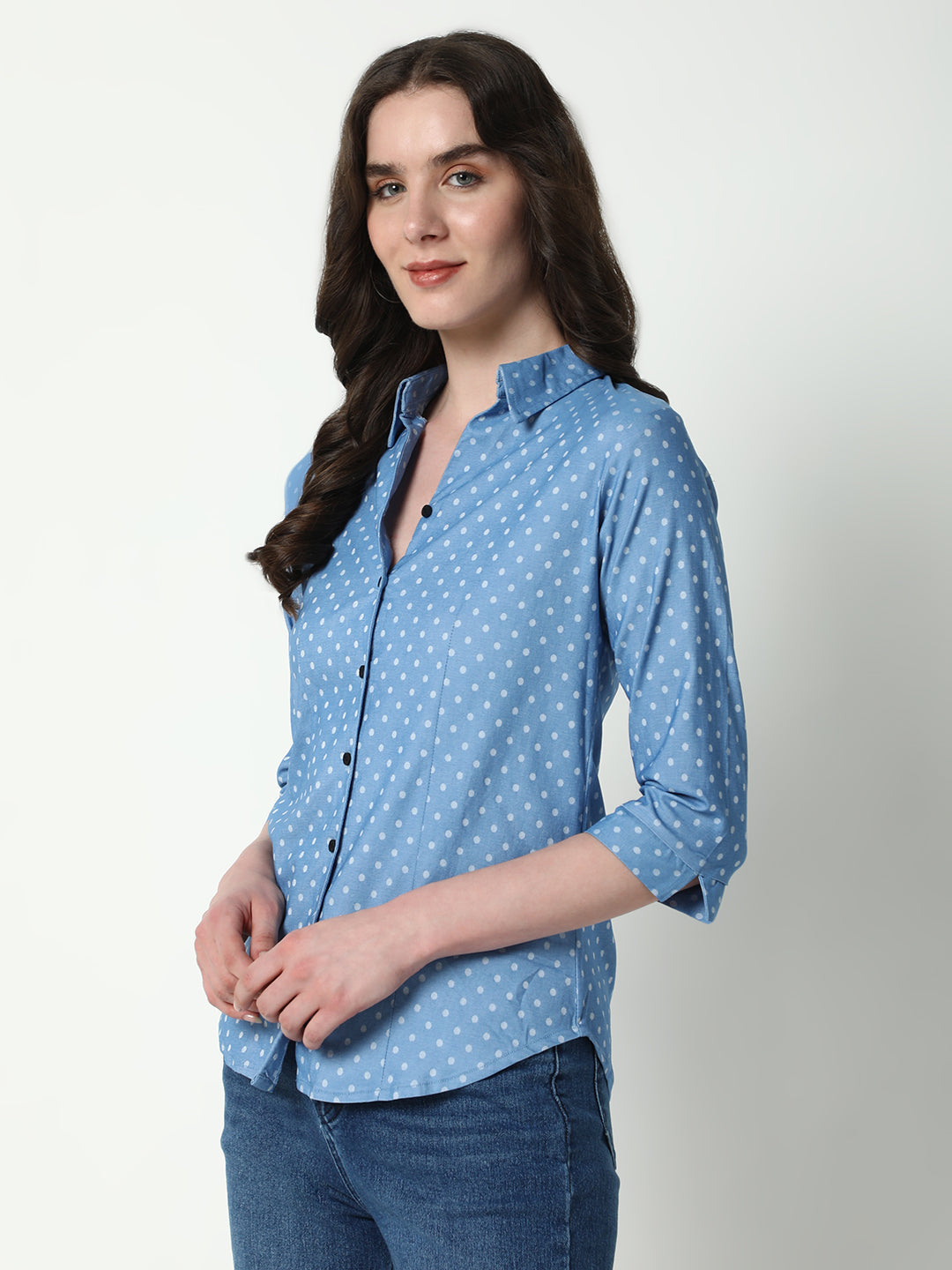 Women's Blue Comfort Spread Collar Polka Dots Printed Cotton Casual Shirt