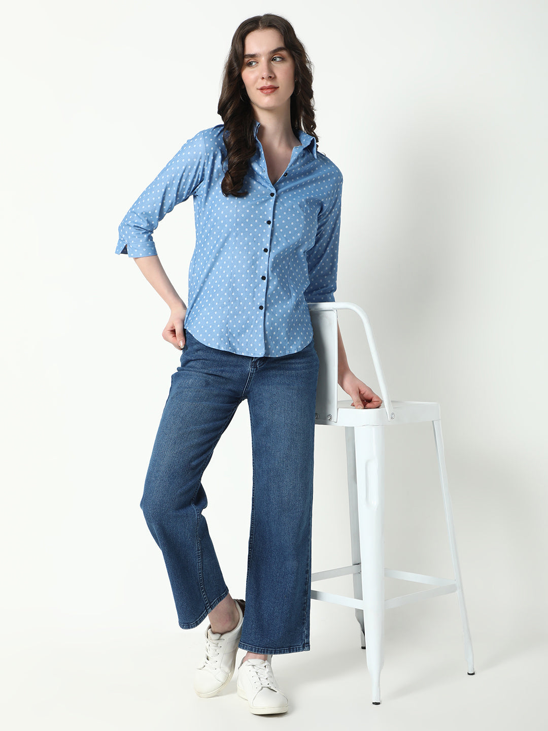 Women's Blue Comfort Spread Collar Polka Dots Printed Cotton Casual Shirt