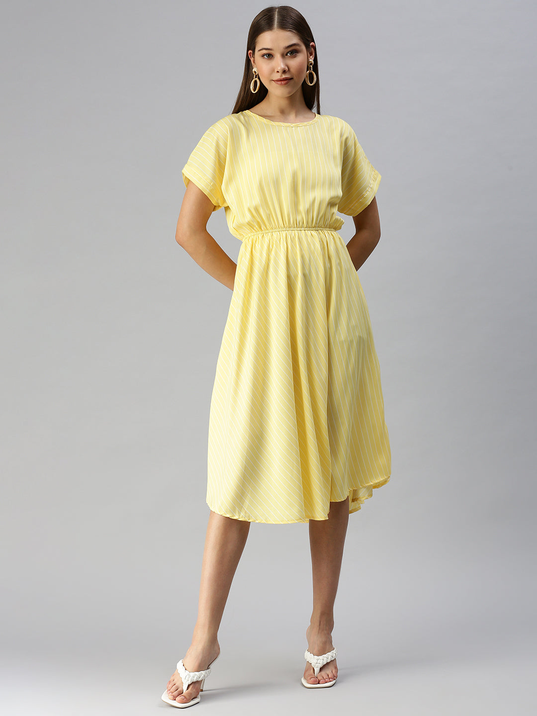 Women's Yellow Striped Crepe Blouson Dress