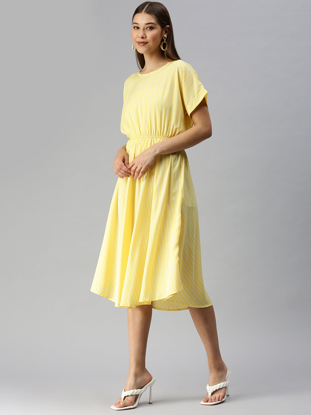 Women's Yellow Striped Crepe Blouson Dress