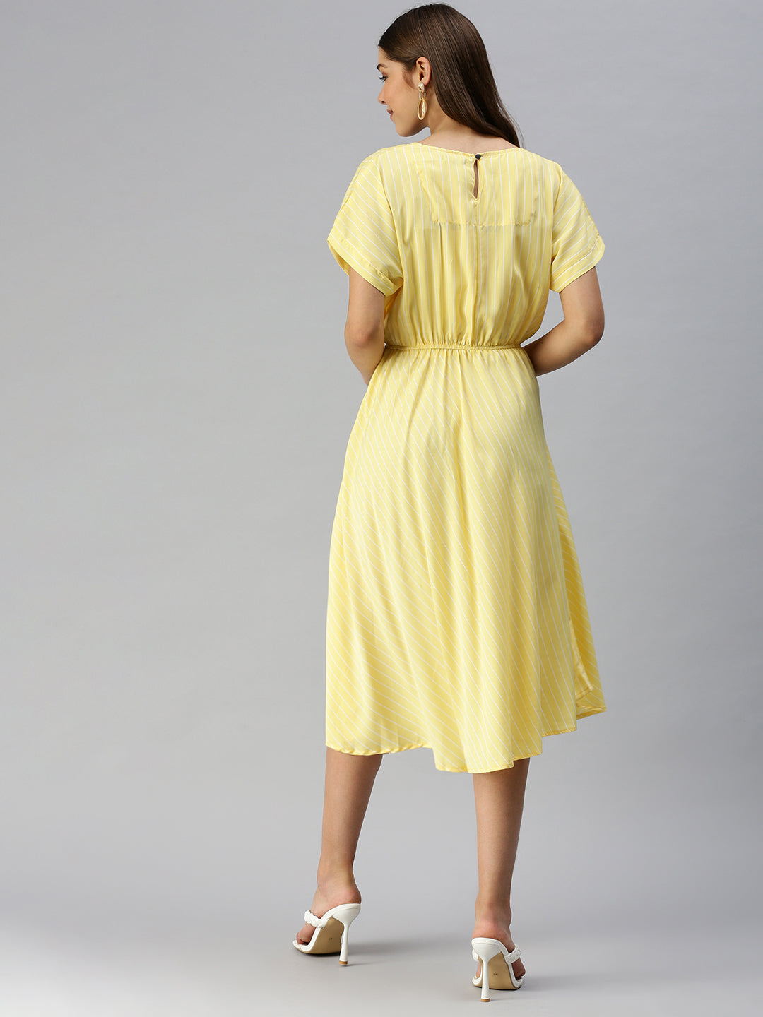 Women's Yellow Striped Crepe Blouson Dress