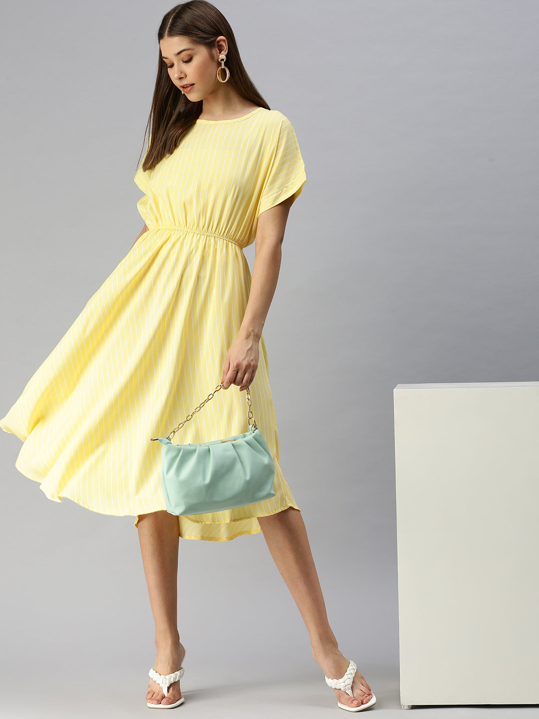 Women's Yellow Striped Crepe Blouson Dress