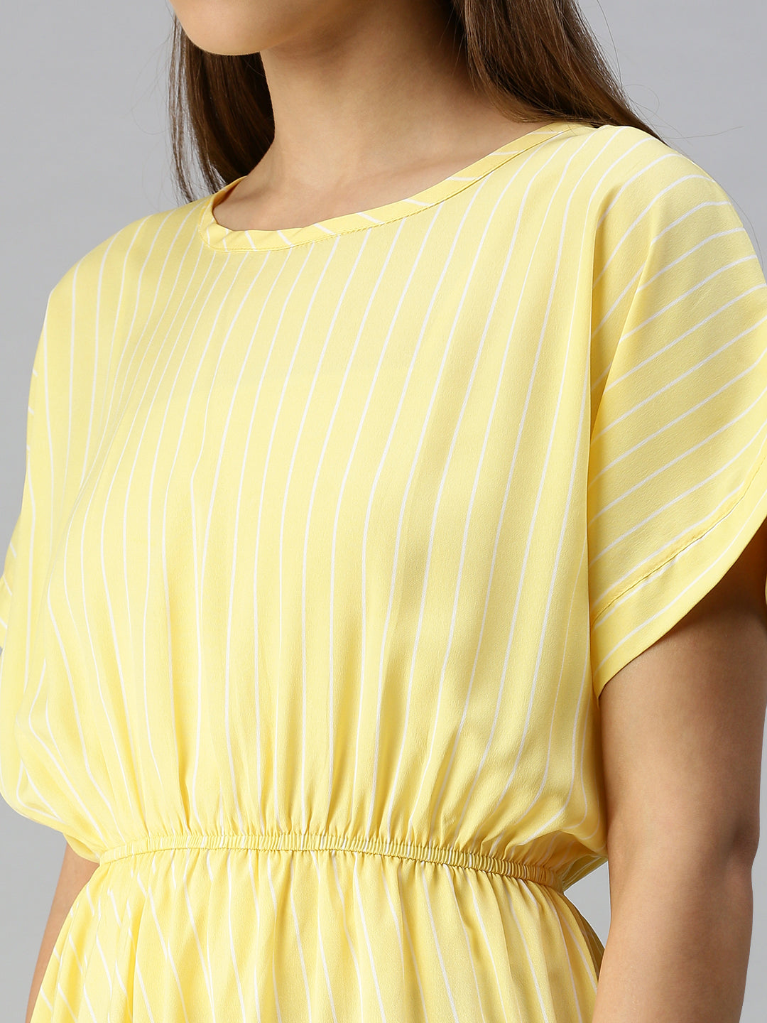 Women's Yellow Striped Crepe Blouson Dress