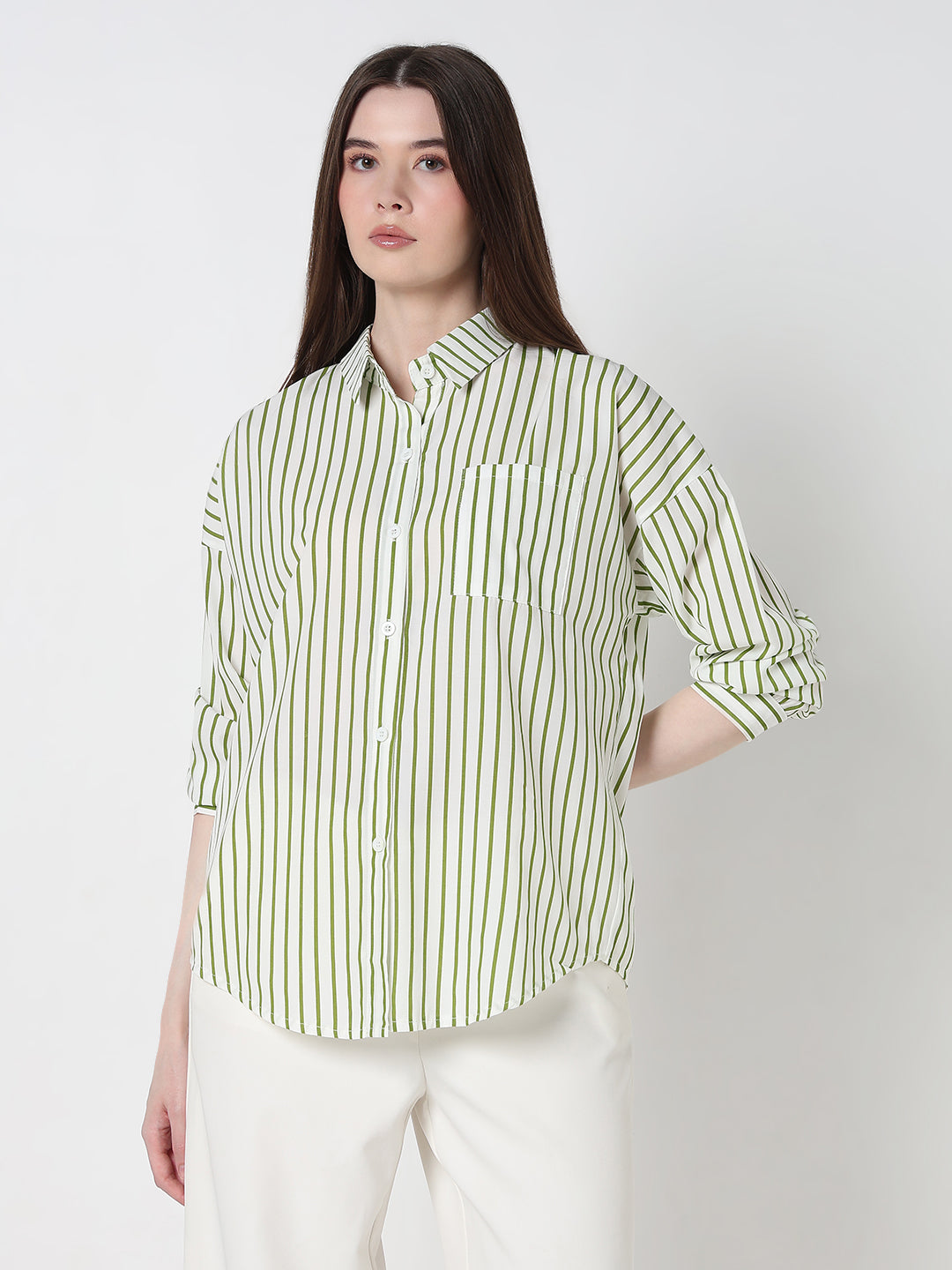 Women's Pinstripes Green Relaxed Fit Shirt with Chest Pocket