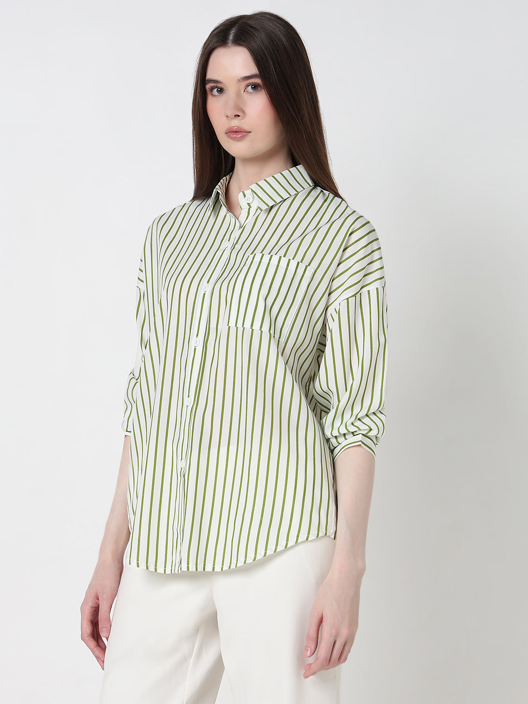Women's Pinstripes Green Relaxed Fit Shirt with Chest Pocket