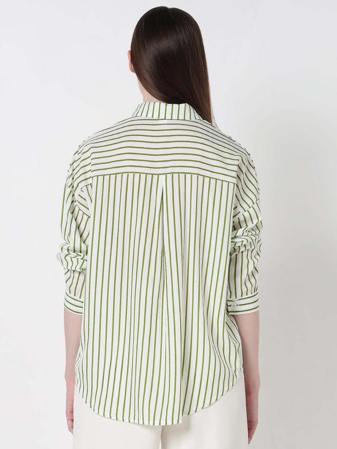 Women's Pinstripes Green Relaxed Fit Shirt with Chest Pocket