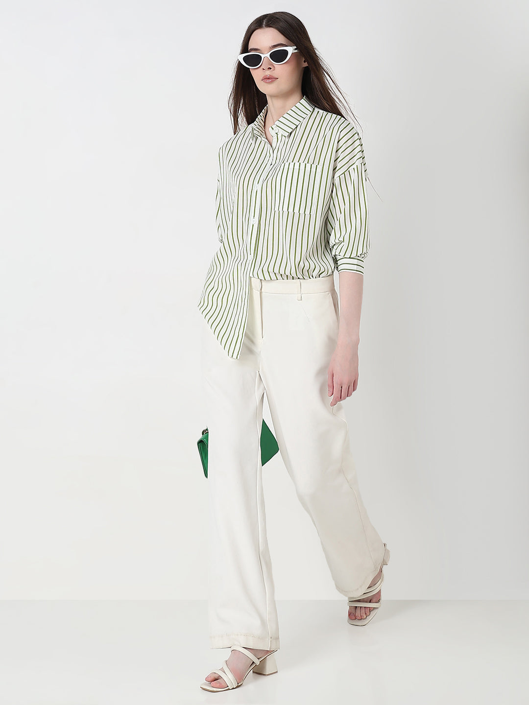 Women's Pinstripes Green Relaxed Fit Shirt with Chest Pocket