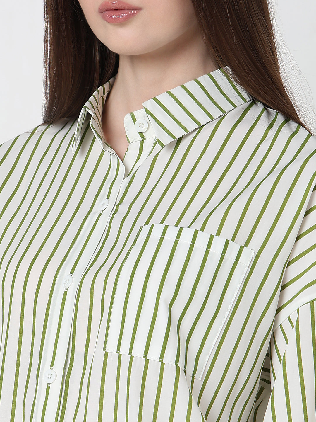 Women's Pinstripes Green Relaxed Fit Shirt with Chest Pocket