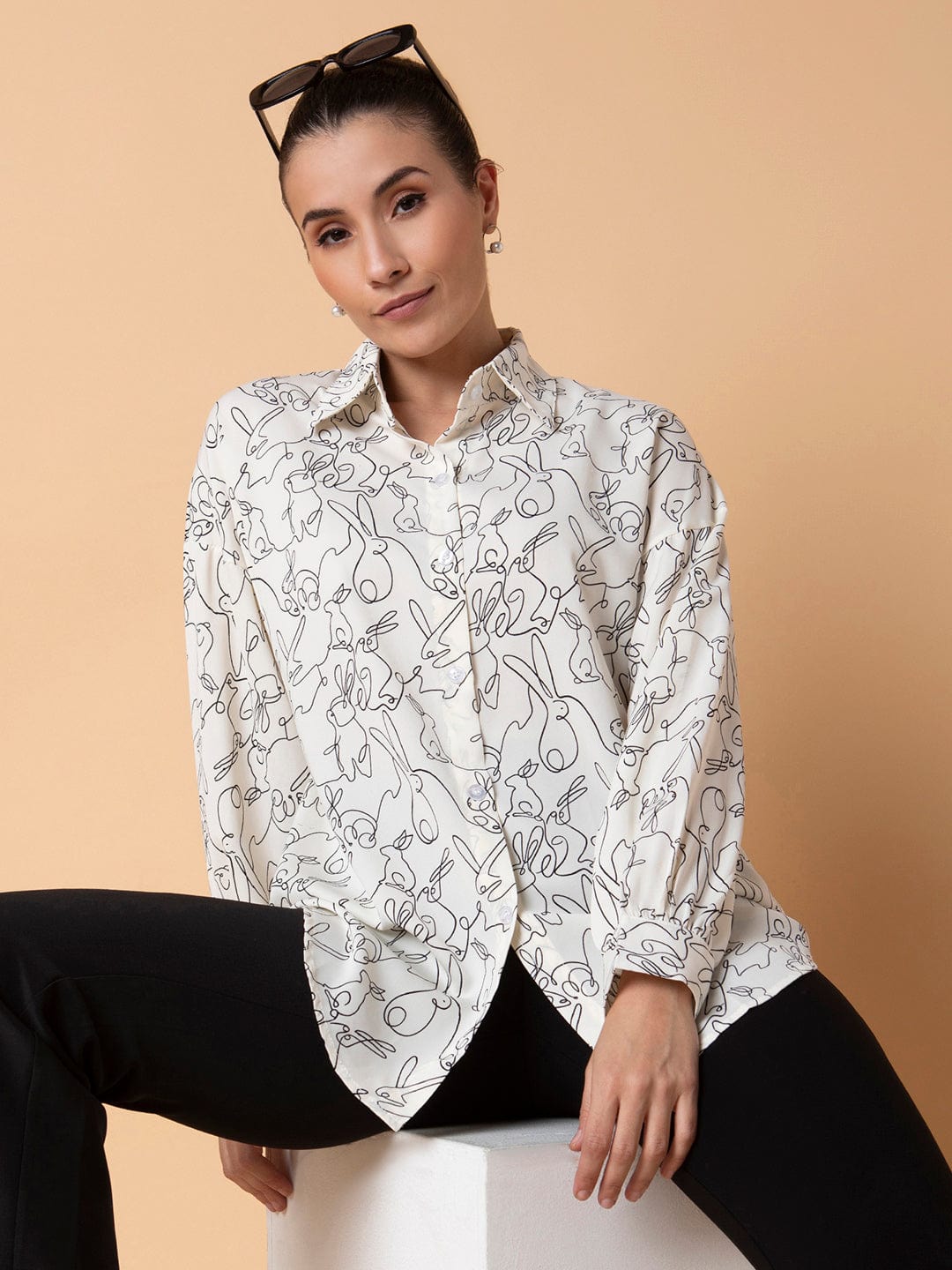 Women's Cream Relaxed Boxy Floral Opaque Printed Casual Shirt
