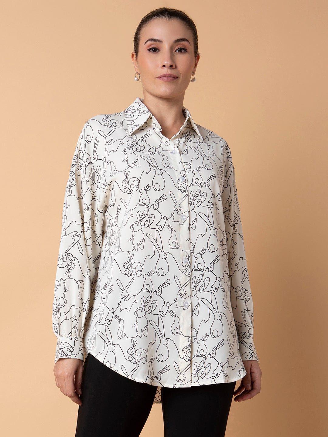 Women's Cream Relaxed Boxy Floral Opaque Printed Casual Shirt