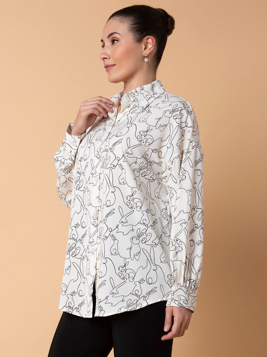 Women's Cream Relaxed Boxy Floral Opaque Printed Casual Shirt
