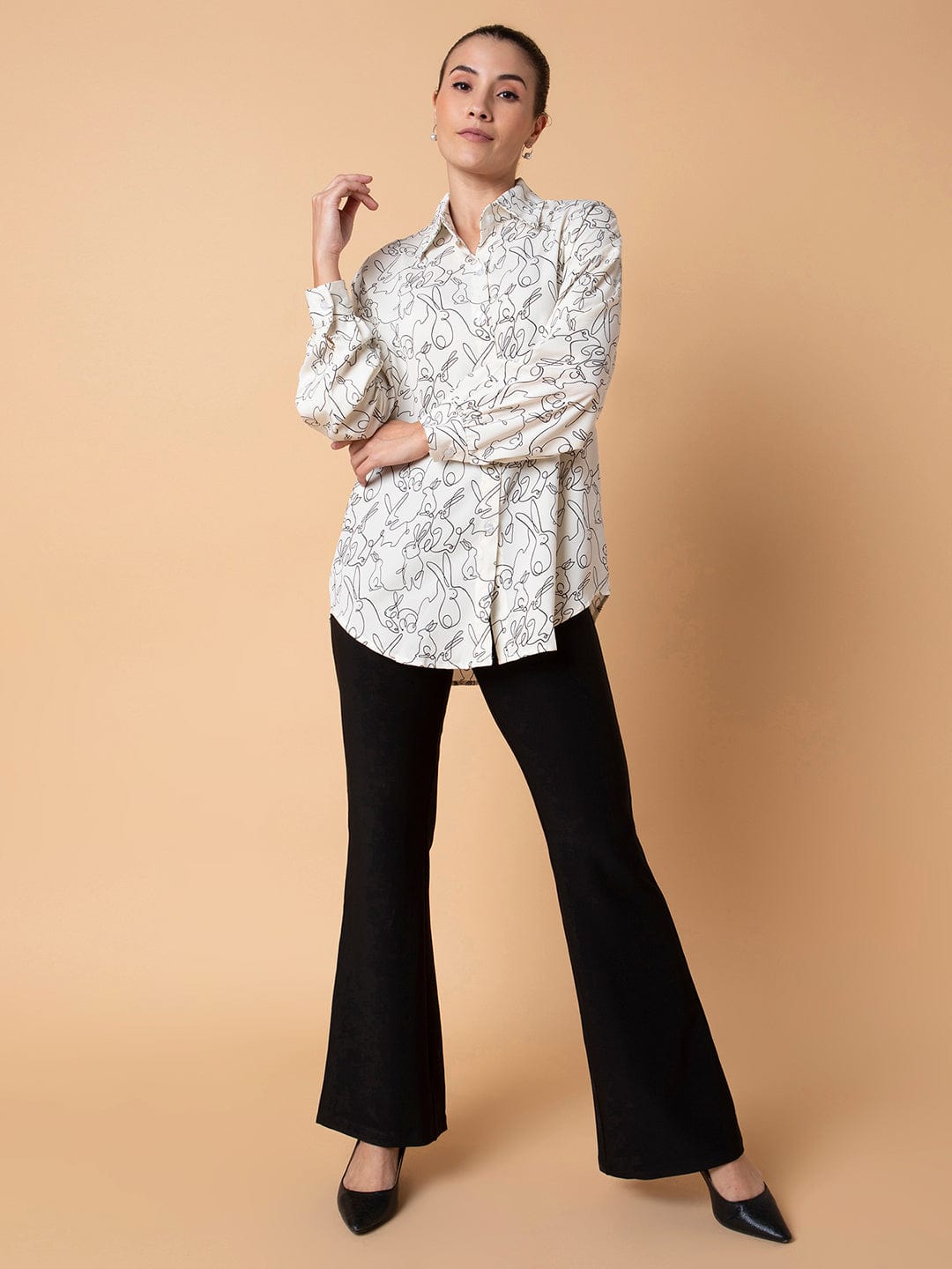 Women's Cream Relaxed Boxy Floral Opaque Printed Casual Shirt