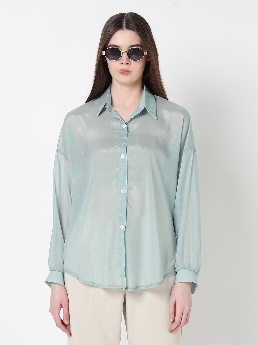 Women's Sea Green Relaxed Fit Semi Sheer Shirt