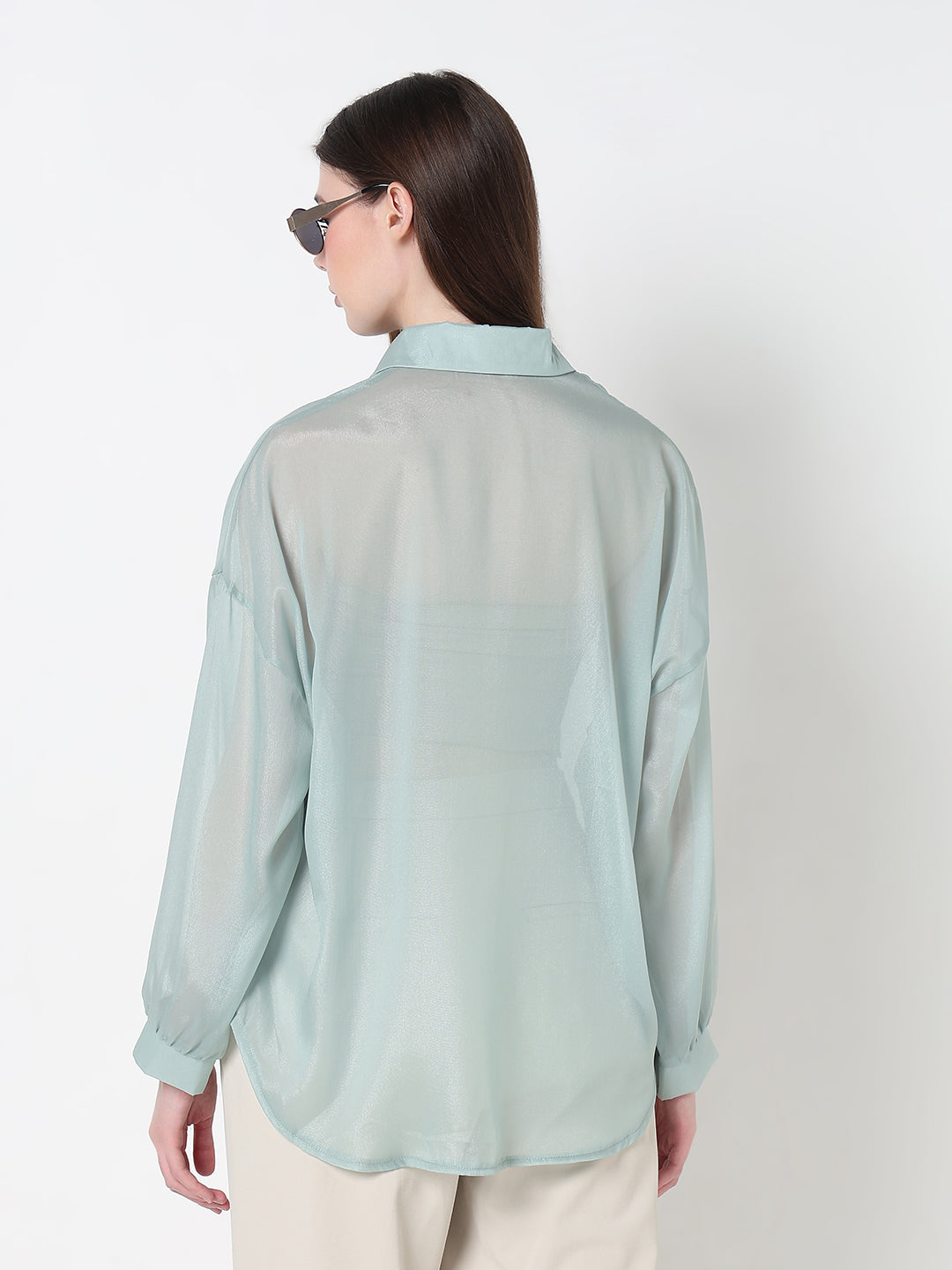 Women's Sea Green Relaxed Fit Semi Sheer Shirt