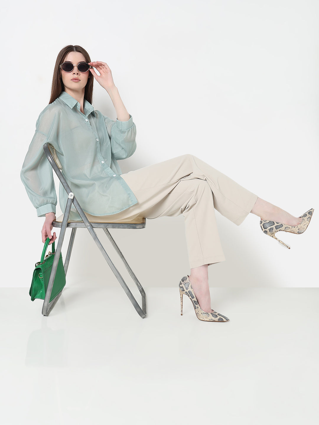 Women's Sea Green Relaxed Fit Semi Sheer Shirt