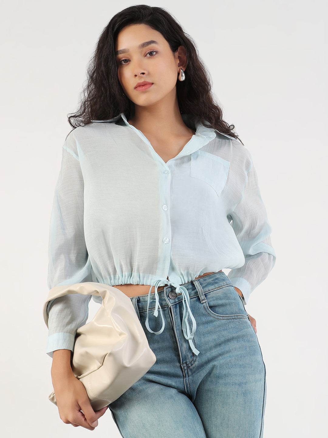 Women's Oversized Blue Solid Shirt with Adjustable Hem