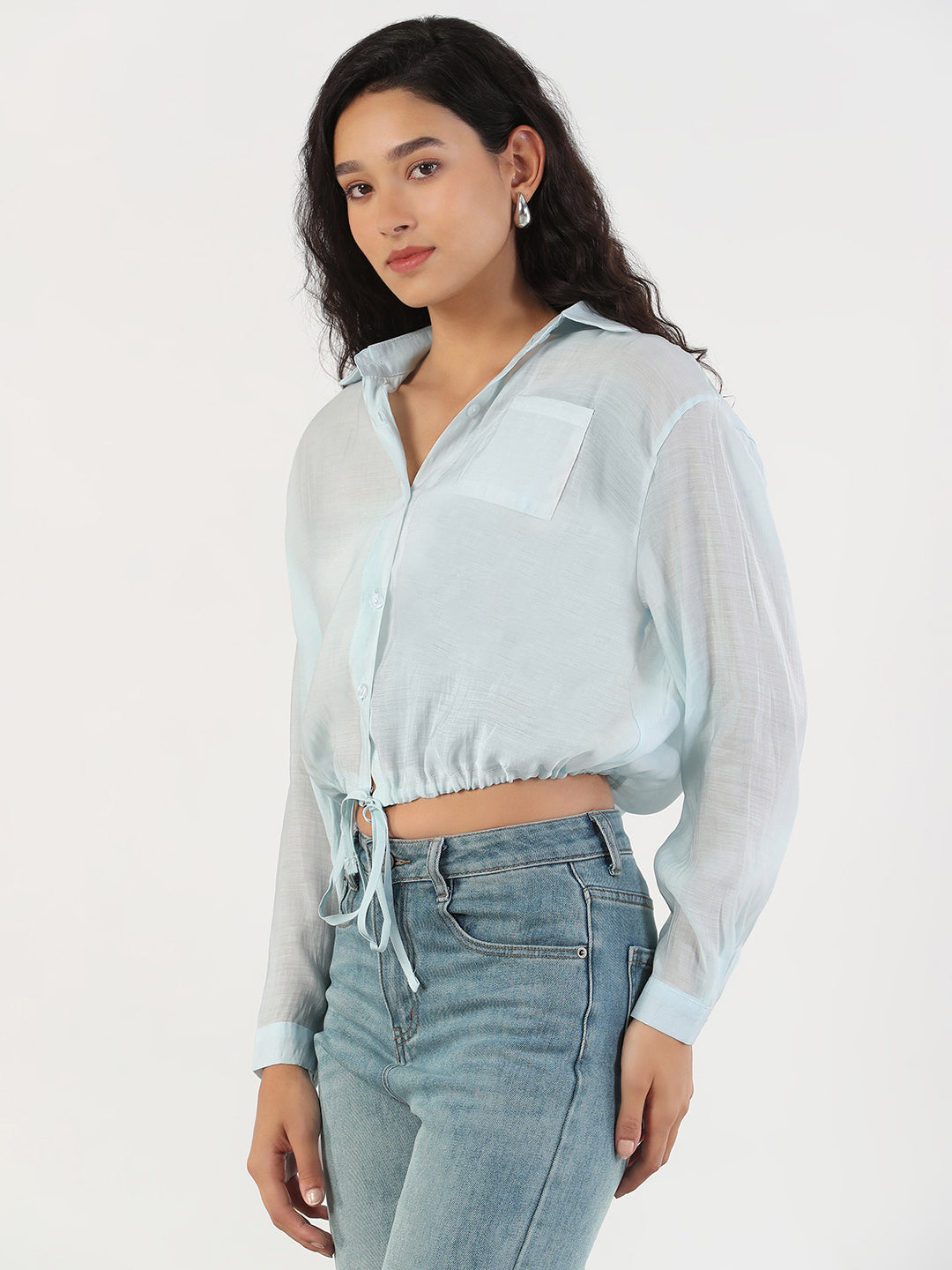Women's Oversized Blue Solid Shirt with Adjustable Hem