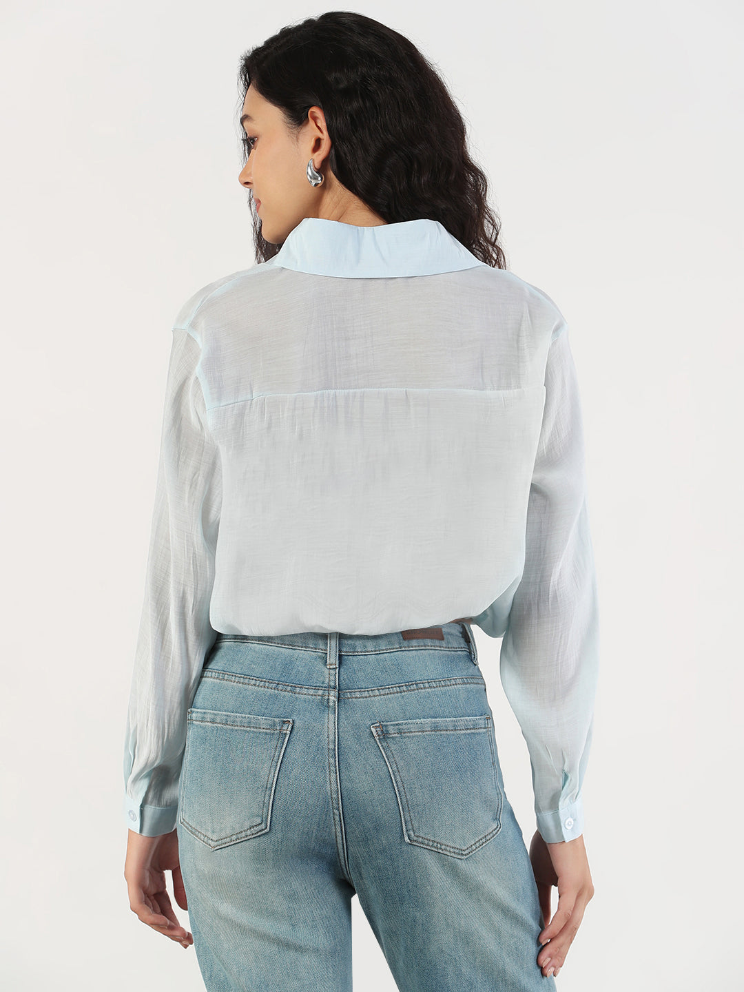 Women's Oversized Blue Solid Shirt with Adjustable Hem