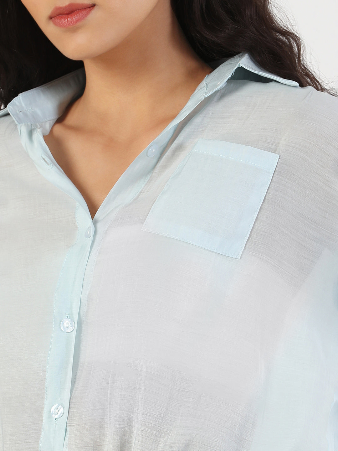 Women's Oversized Blue Solid Shirt with Adjustable Hem