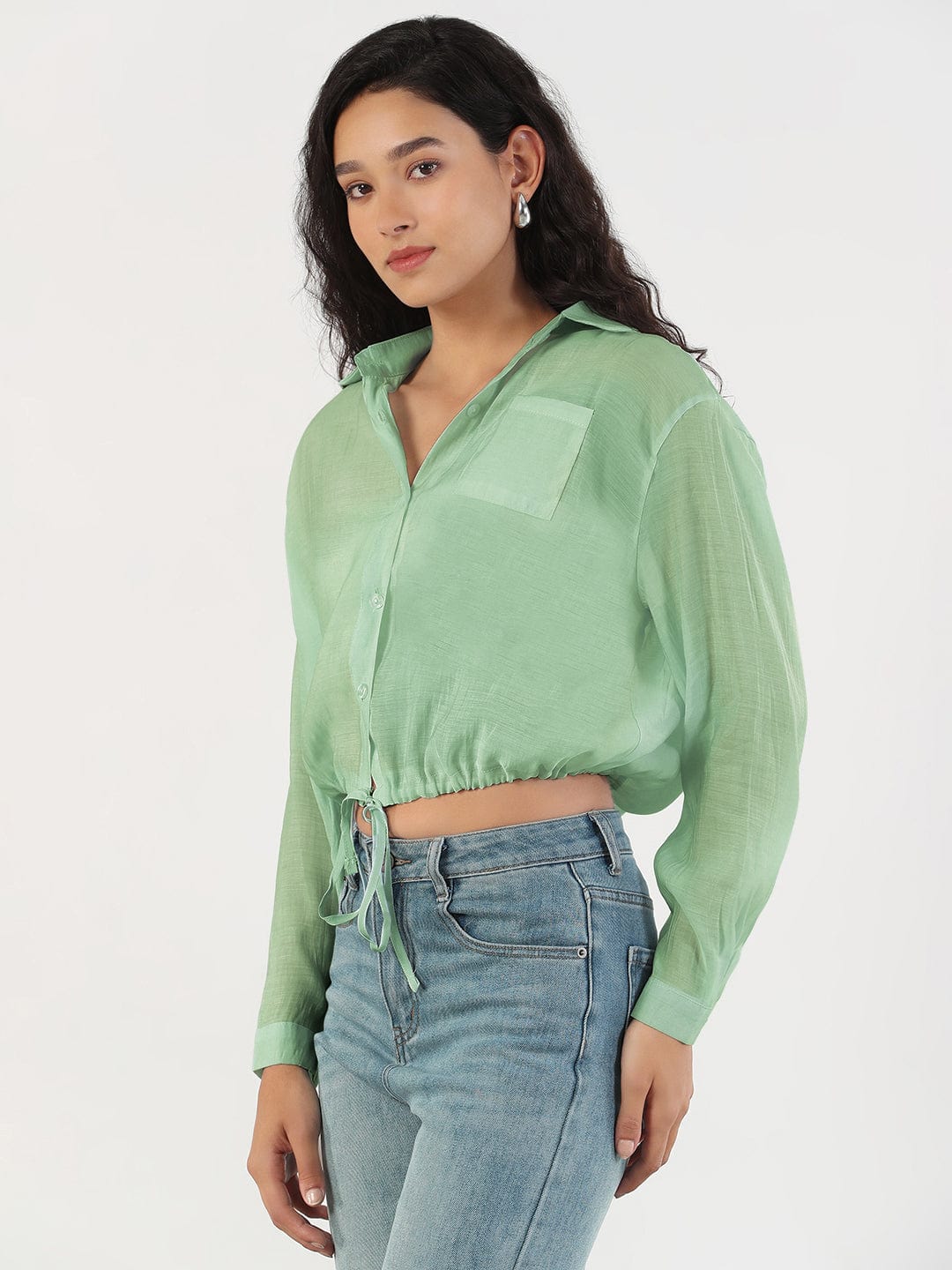 Women's Oversized Green Solid Shirt with Adjustable Hem