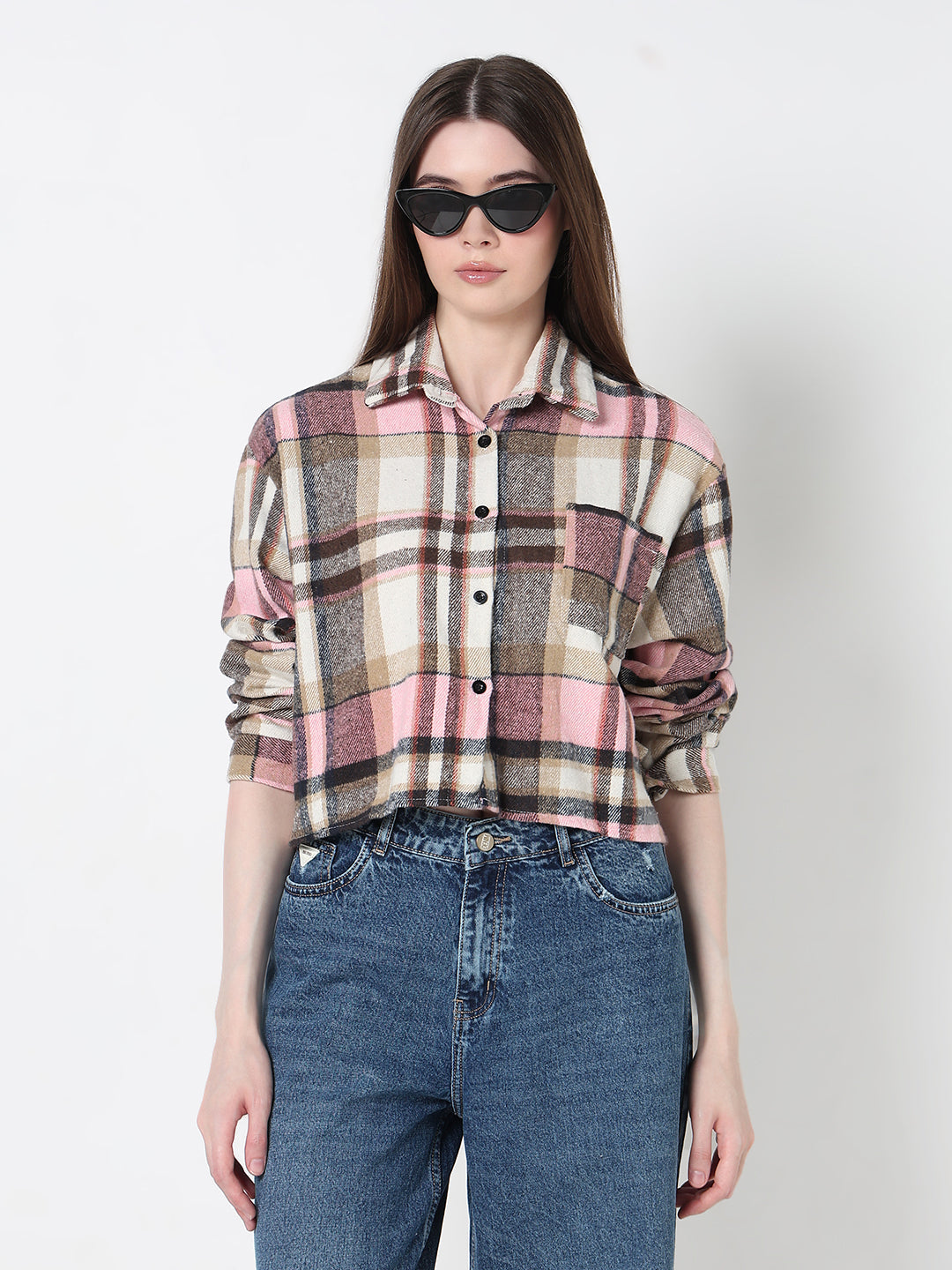 Women's Tartan Checks Pink Regular Fit Crop Shirt with Chest Pocket