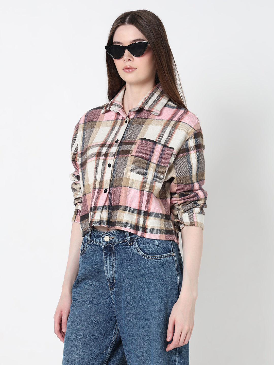 Women's Tartan Checks Pink Regular Fit Crop Shirt with Chest Pocket
