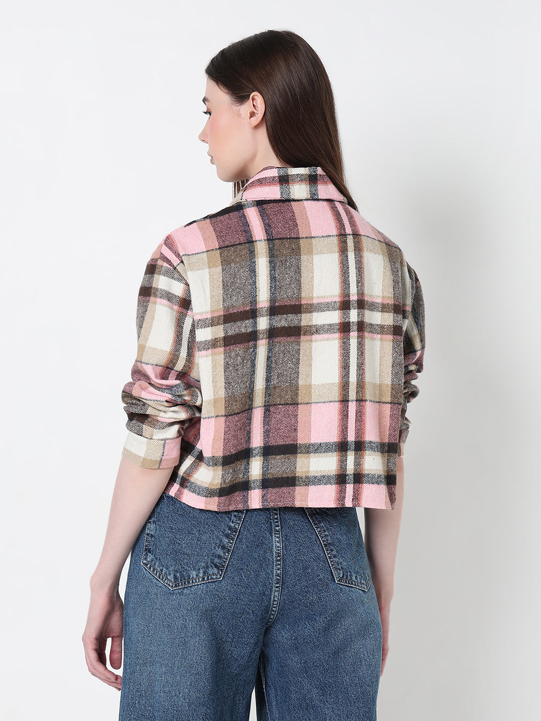 Women's Tartan Checks Pink Regular Fit Crop Shirt with Chest Pocket