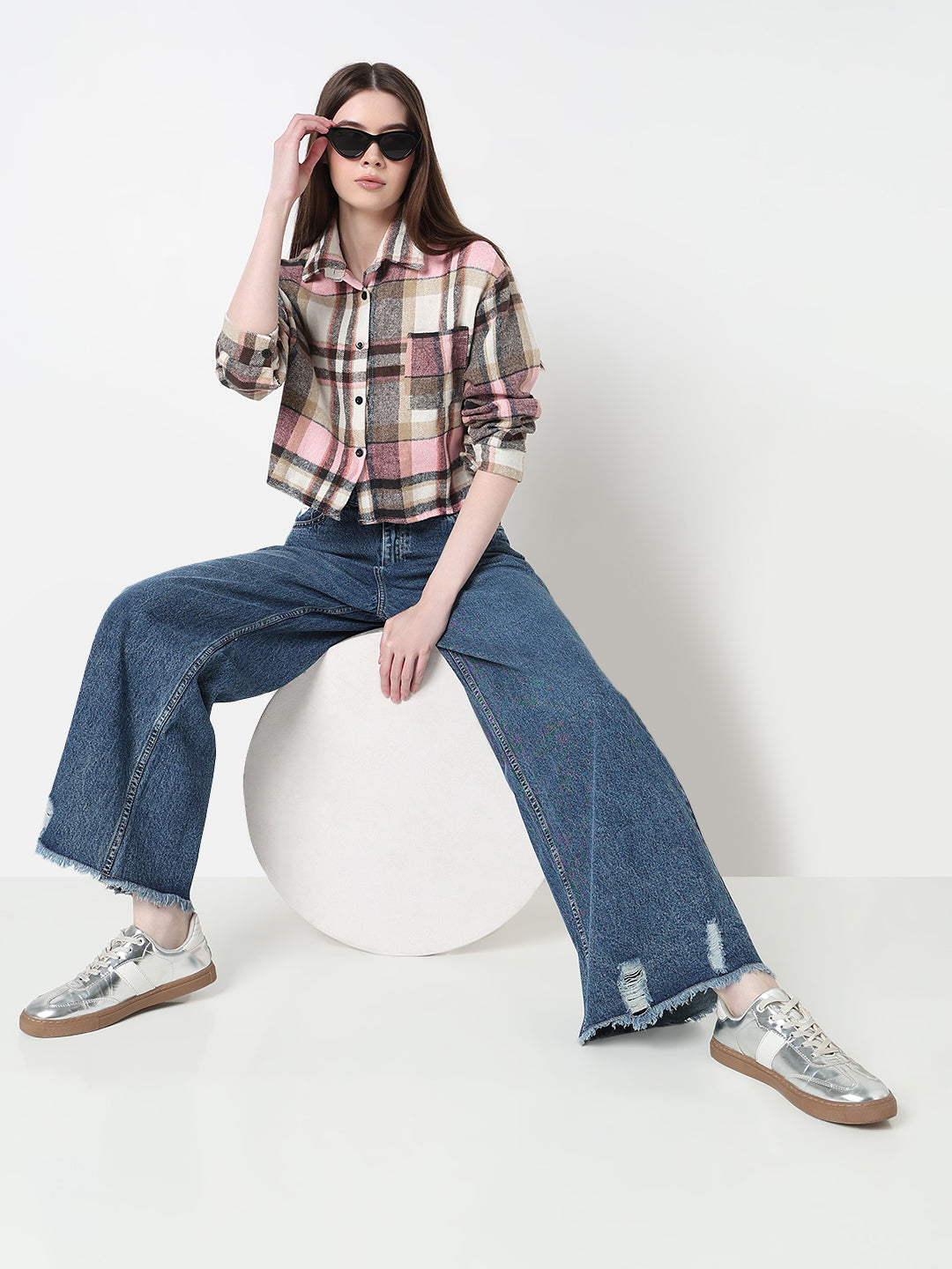 Women's Tartan Checks Pink Regular Fit Crop Shirt with Chest Pocket