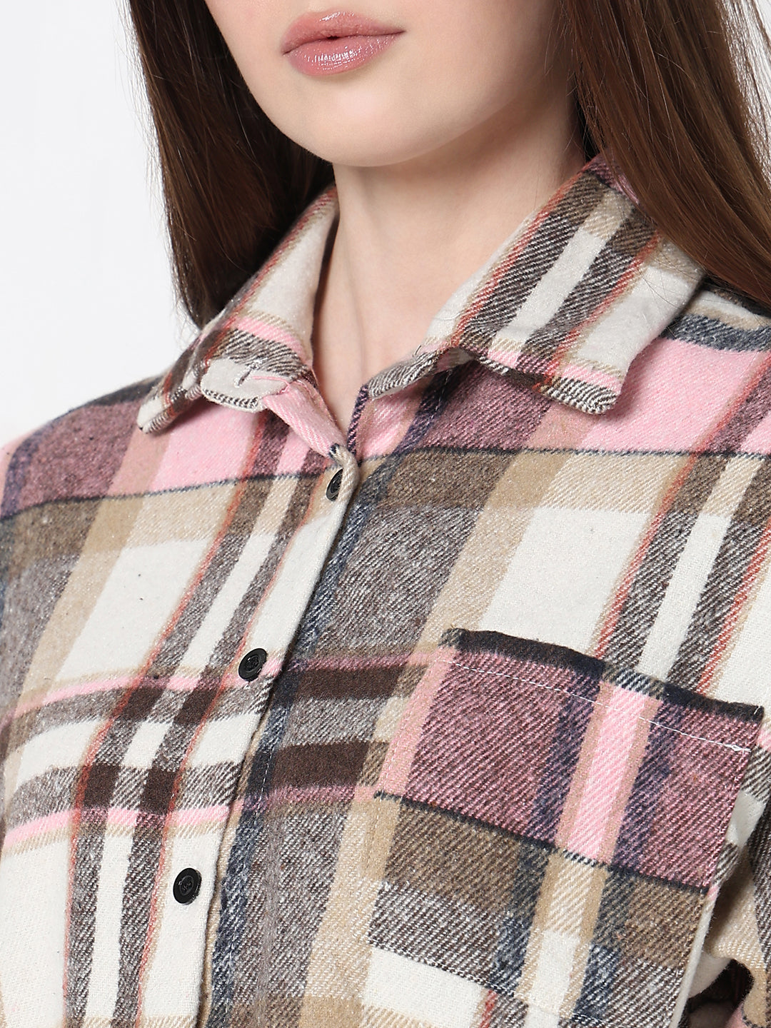 Women's Tartan Checks Pink Regular Fit Crop Shirt with Chest Pocket
