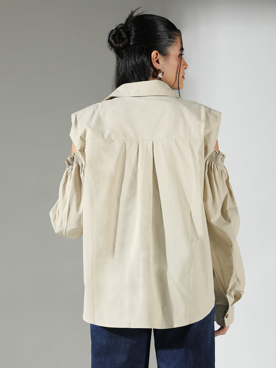 Women's Green Cold Shoulder Shirt with Shoulder Pads