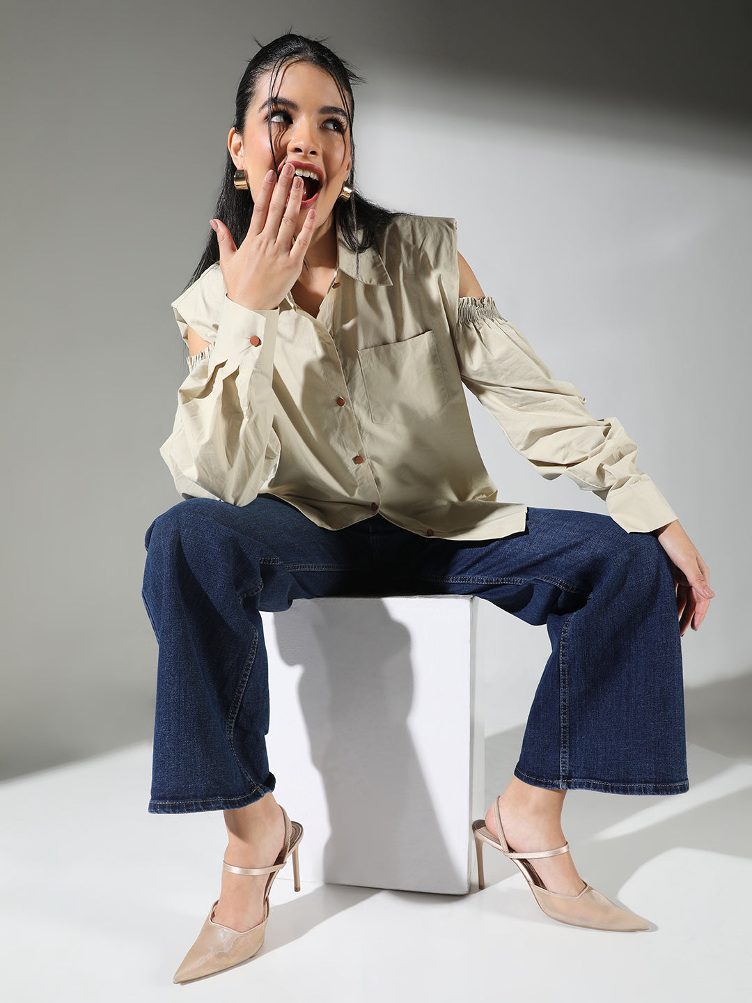 Women's Green Cold Shoulder Shirt with Shoulder Pads